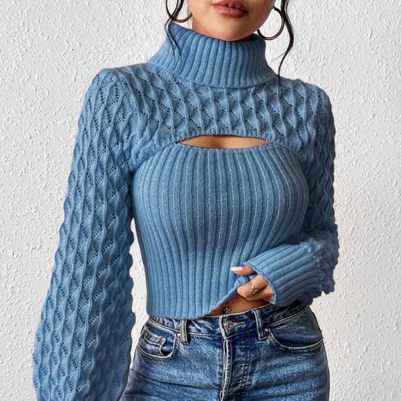 Blue Turtleneck Cut Out Sweater - Picture 4 of 4